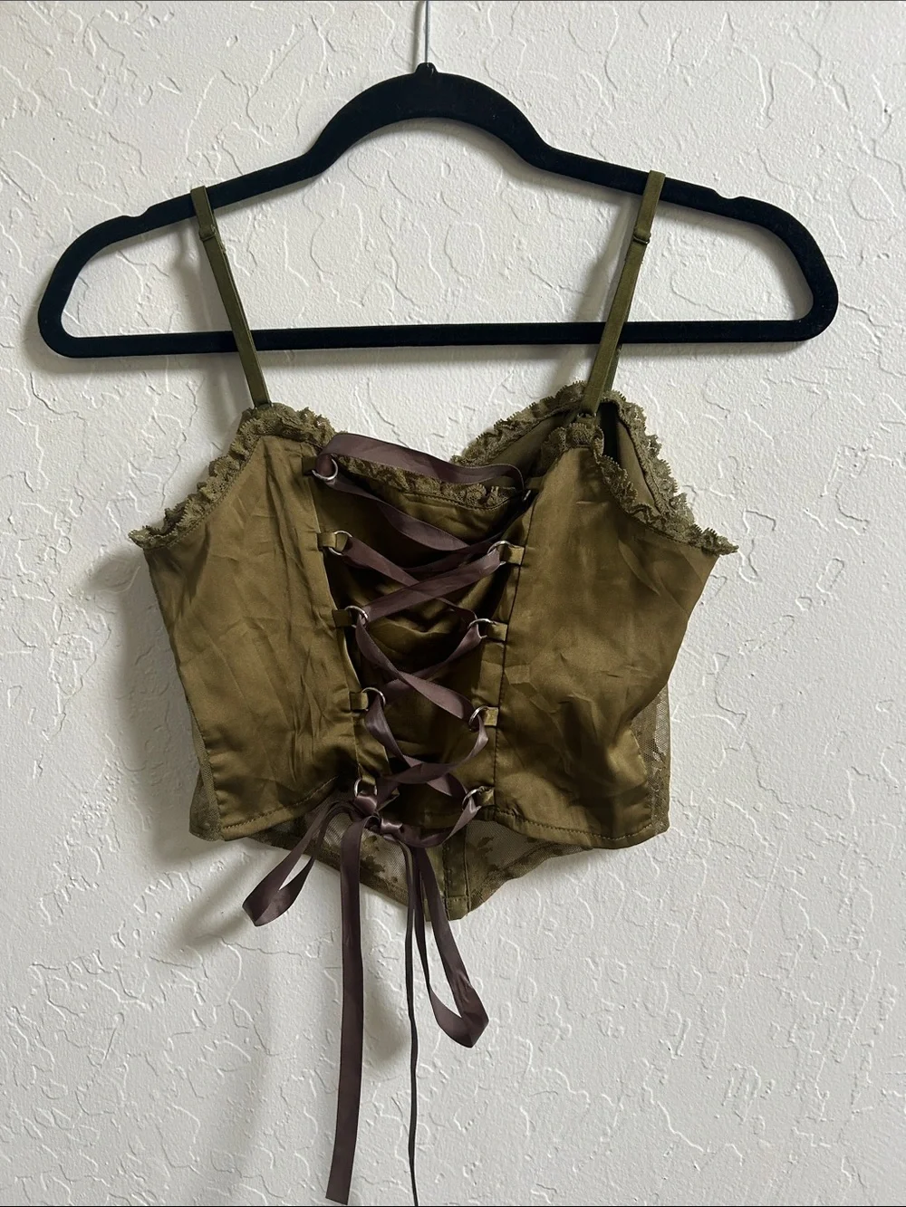 Olive Green Lace Appliqué Bustier Top with matching ribbon corset back - Picture 3 of 3
